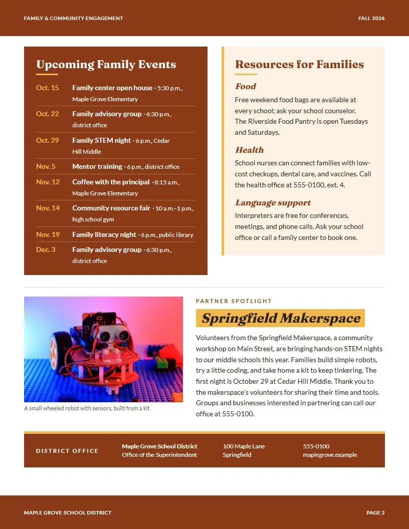 Family & Community Engagement newsletter template, page 2