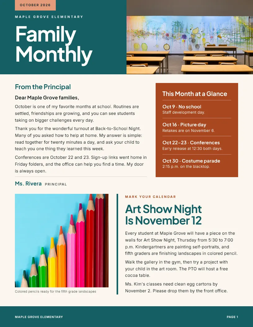 Family Monthly newsletter template, first page