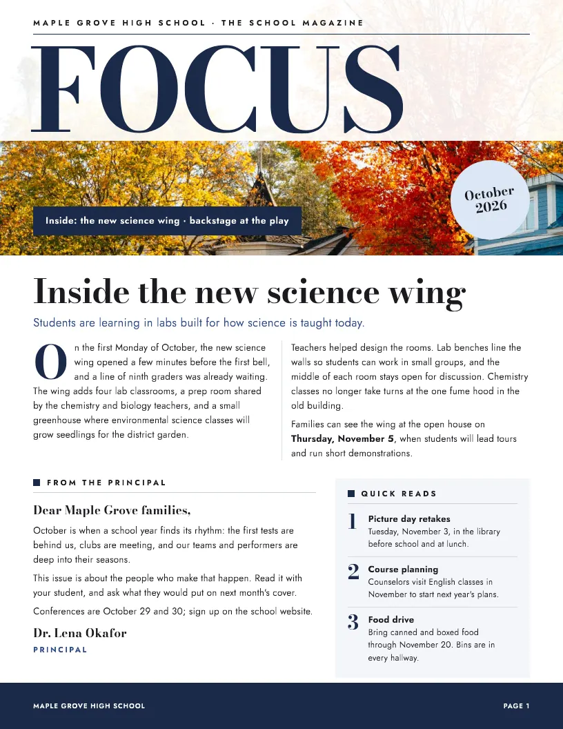 Focus newsletter template, first page