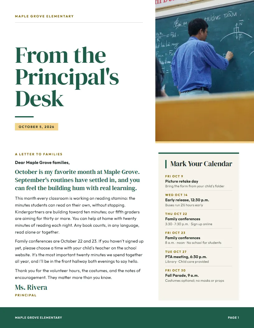 From the Principal's Desk newsletter template, first page