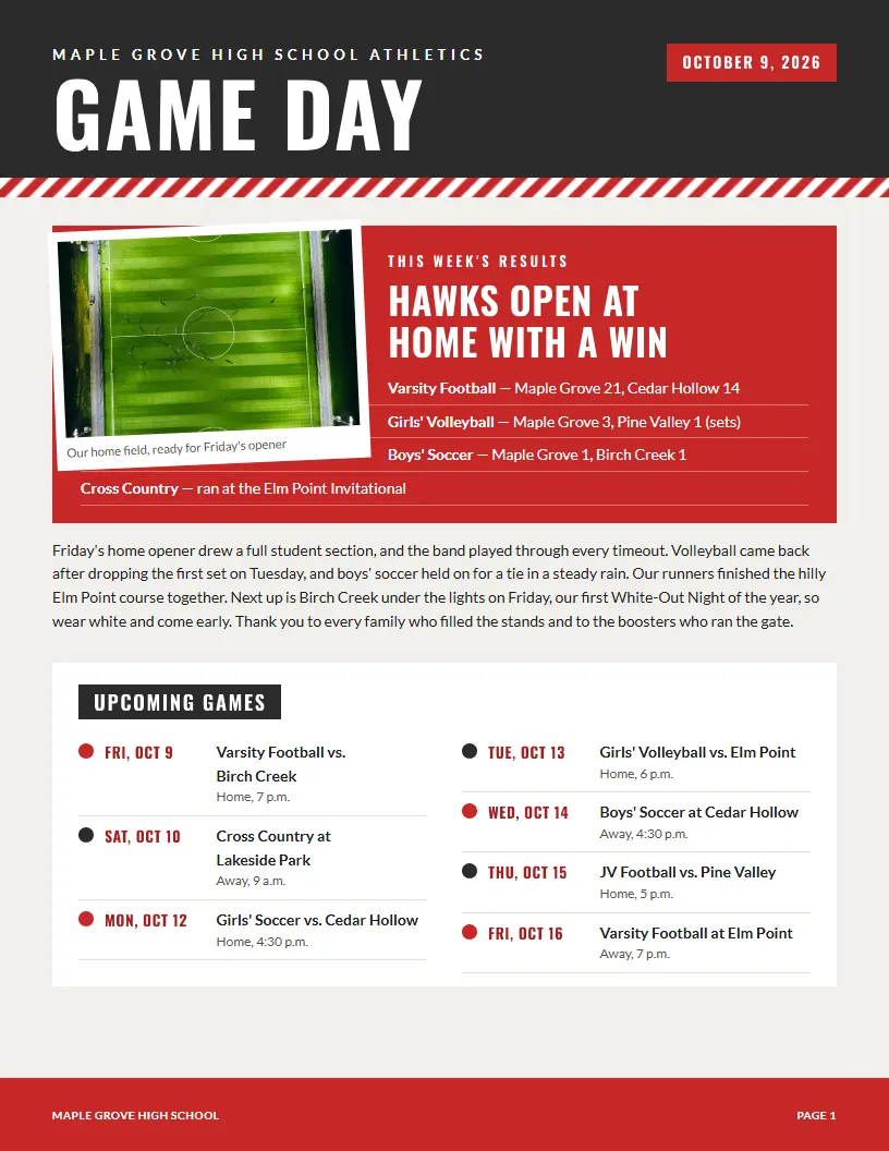 Game Day newsletter template, first page