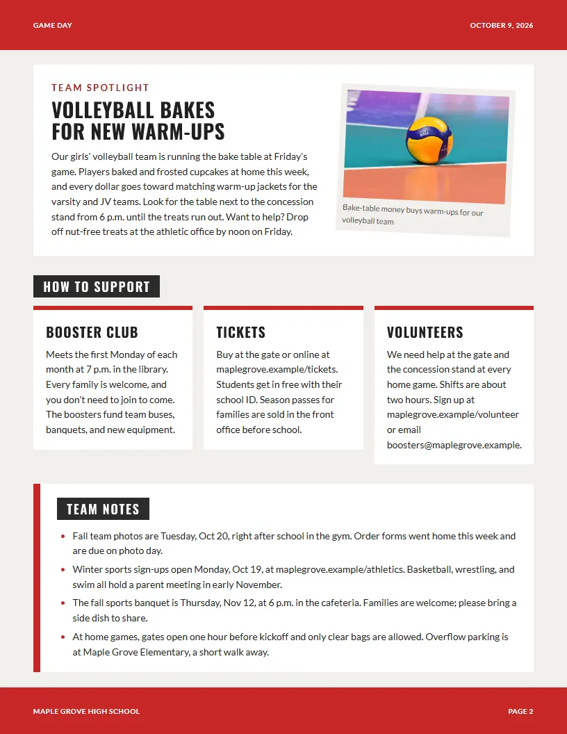 Game Day newsletter template, page 2