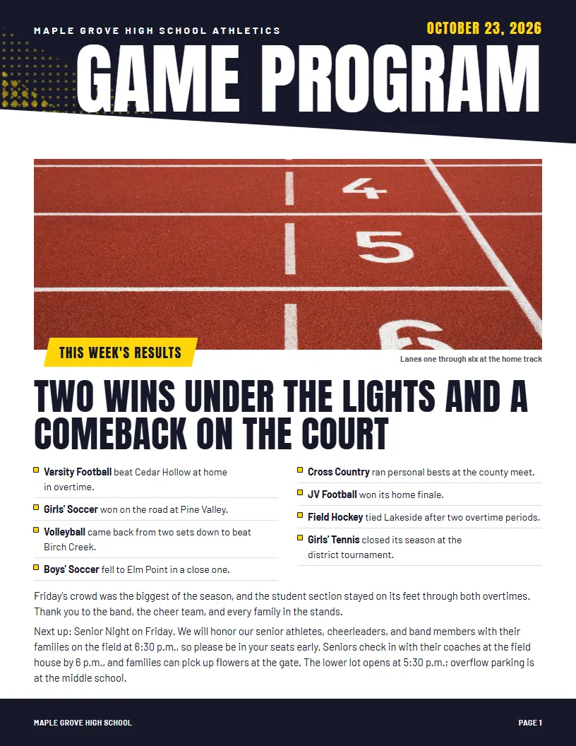 Game Program newsletter template, first page