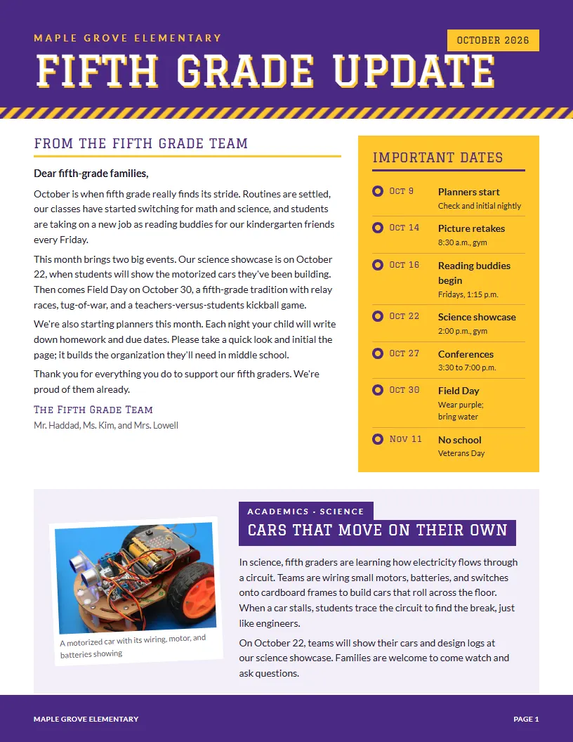 Grade-Level Update newsletter template, first page