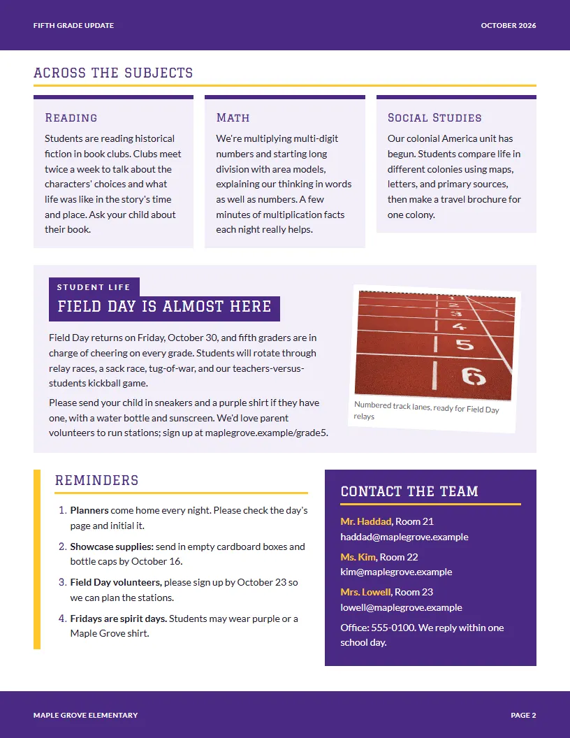 Grade-Level Update newsletter template, page 2