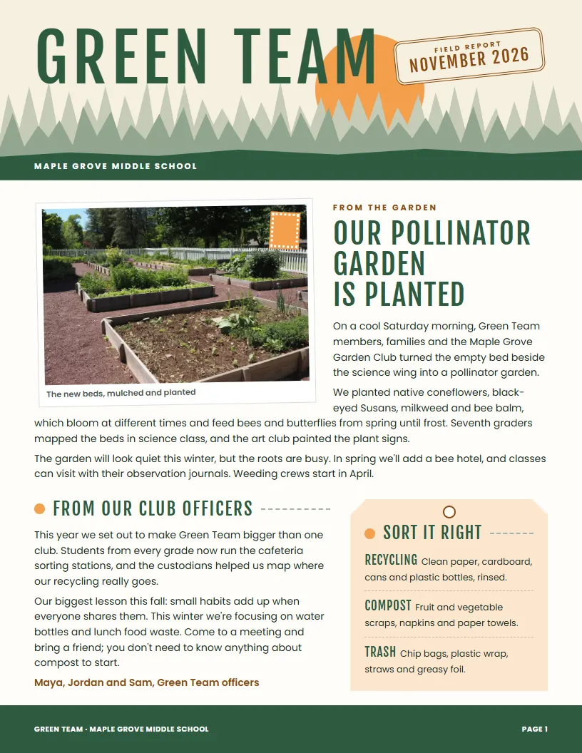 Green Team newsletter template, first page