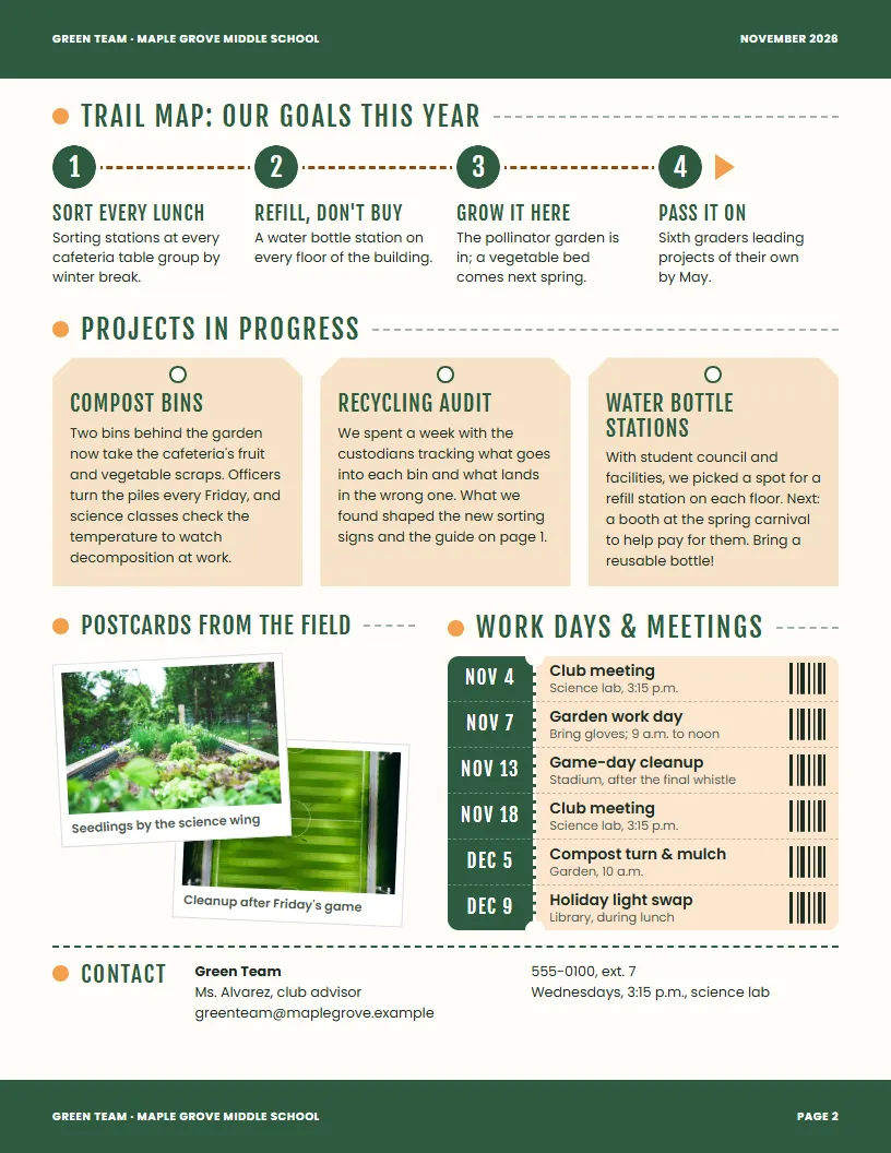 Green Team newsletter template, page 2