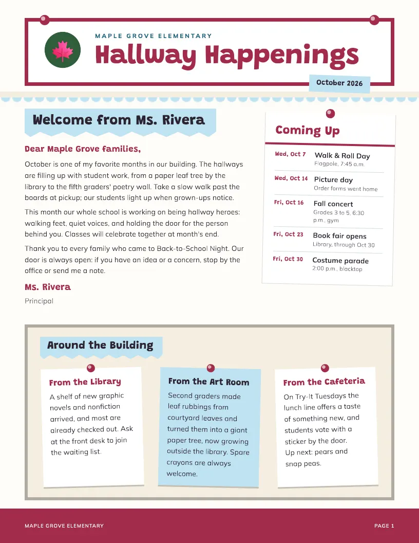 Hallway Happenings newsletter template, first page