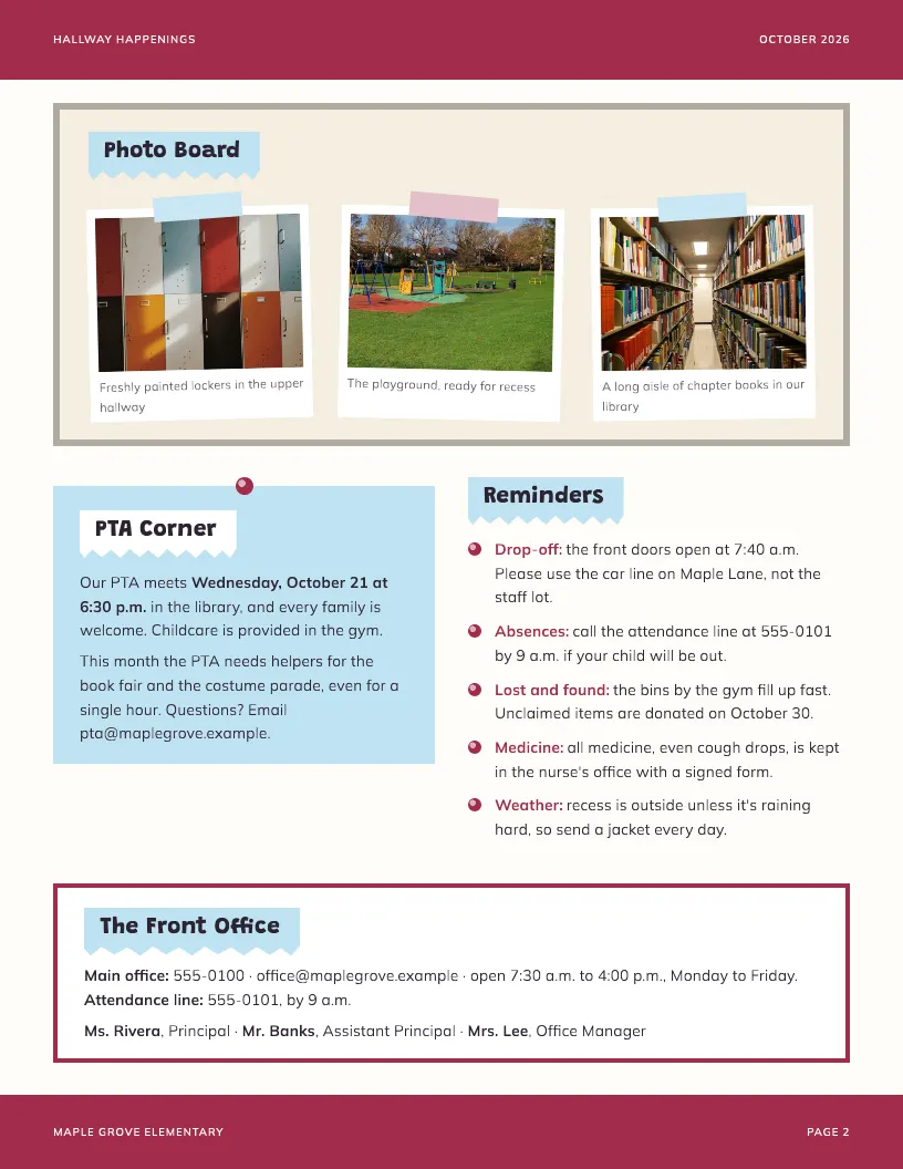 Hallway Happenings newsletter template, page 2