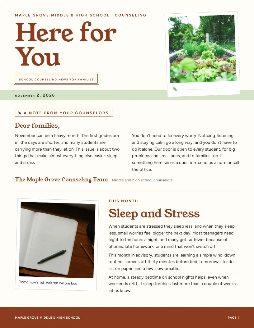 Here for You newsletter template, first page