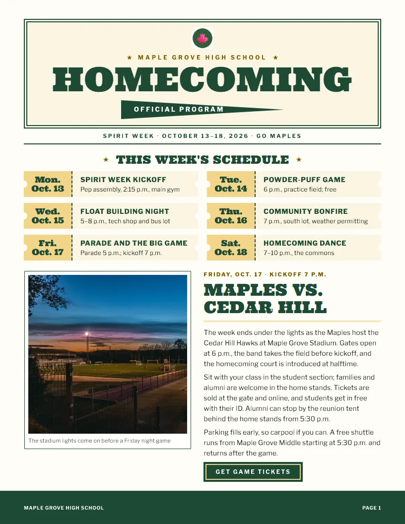 Homecoming Edition newsletter template, first page
