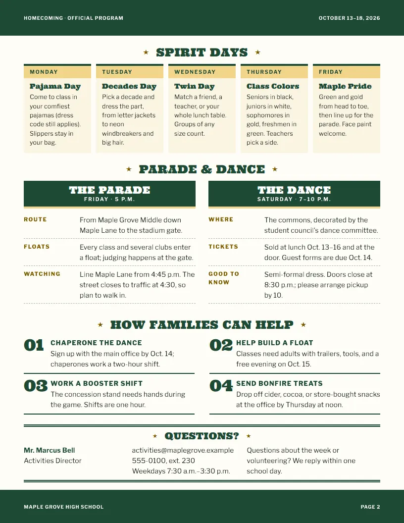 Homecoming Edition newsletter template, page 2