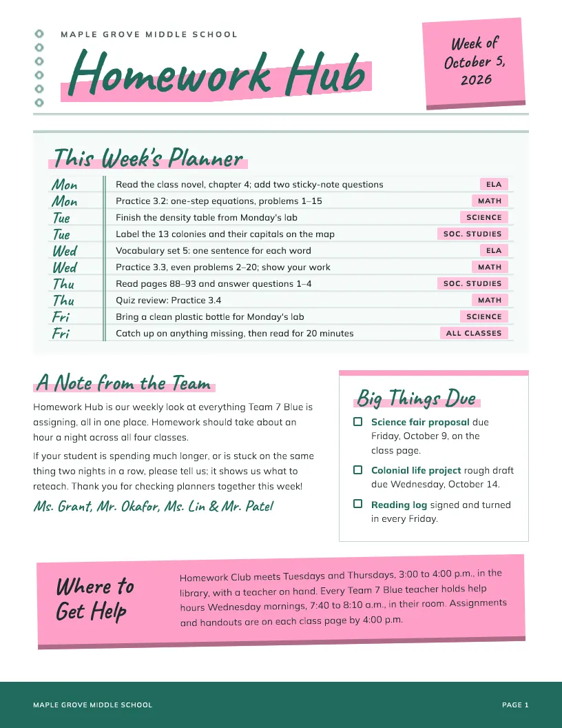 Homework Hub newsletter template, first page