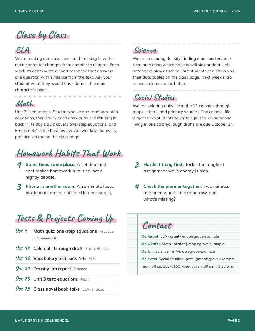 Homework Hub newsletter template, page 2
