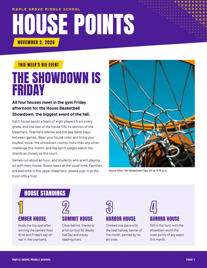 House Points newsletter template, first page