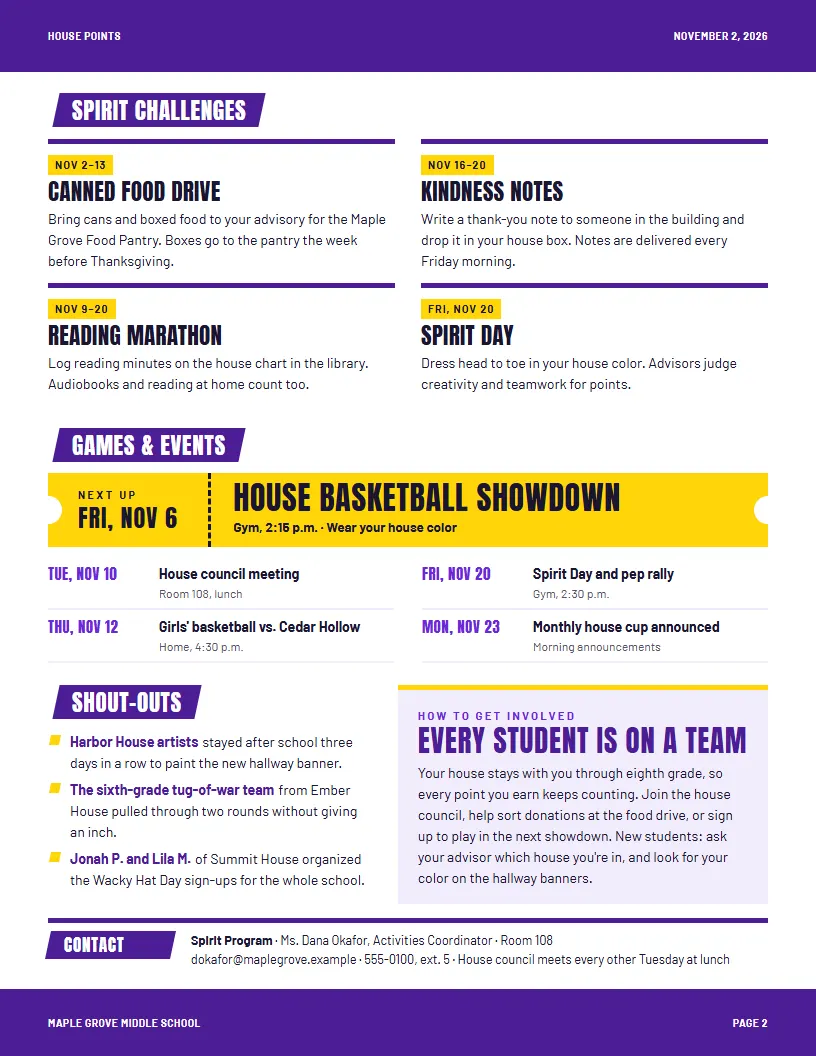 House Points newsletter template, page 2