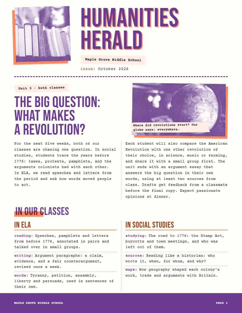 Humanities Herald newsletter template, first page