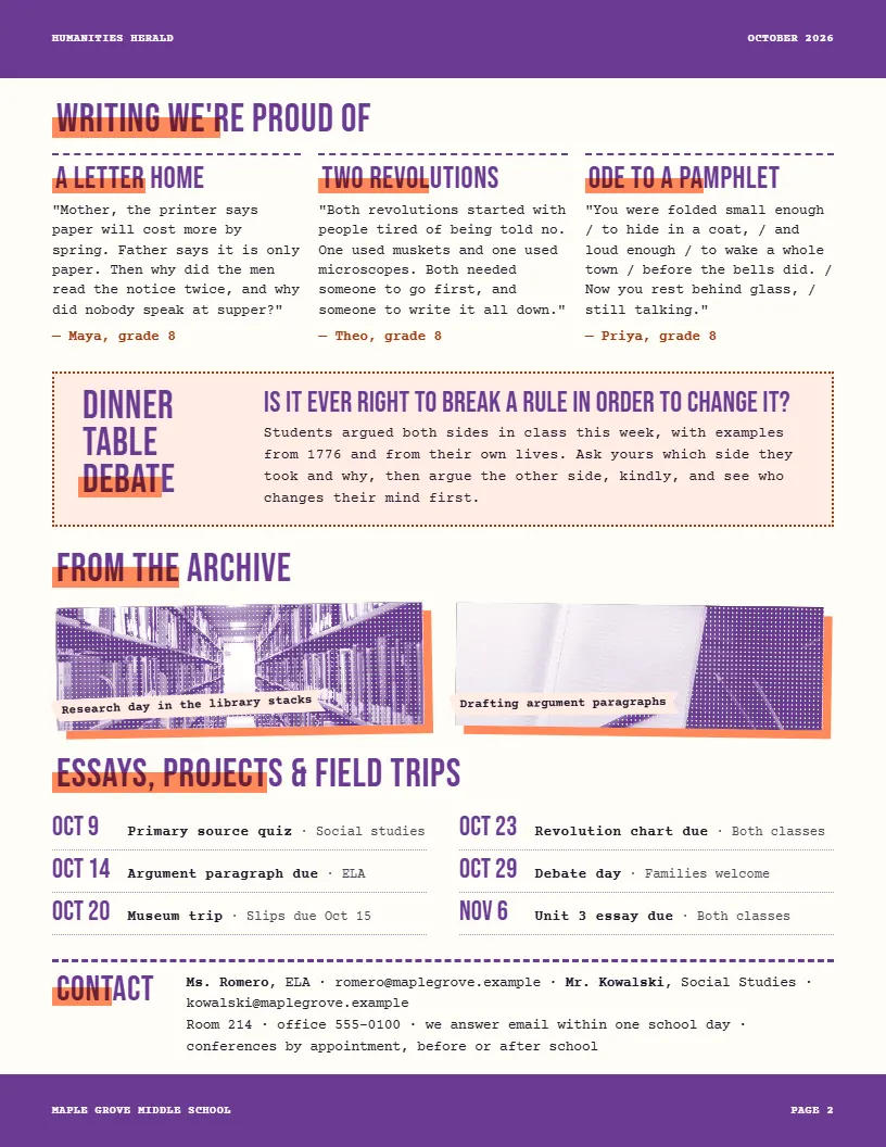 Humanities Herald newsletter template, page 2
