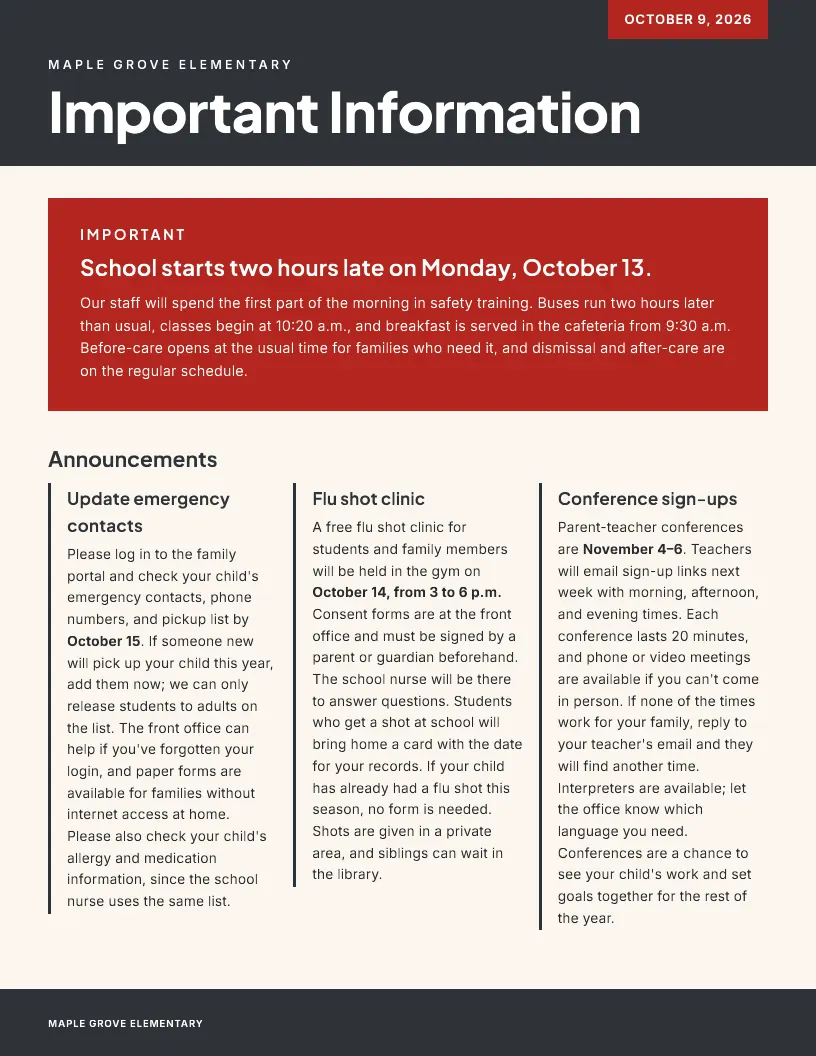 Important Information newsletter template, first page