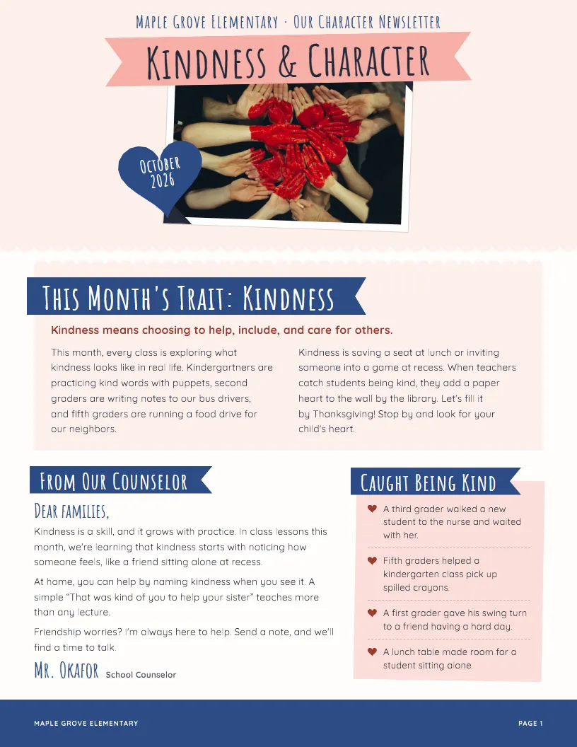 Kindness & Character newsletter template, first page