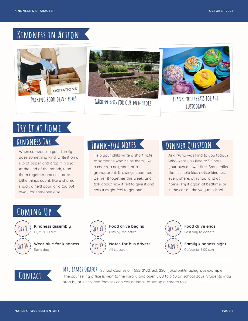 Kindness & Character newsletter template, page 2