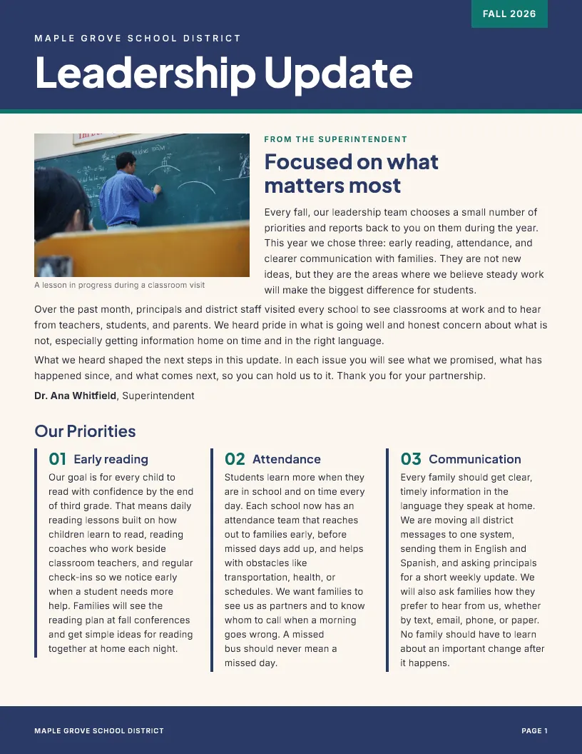 Leadership Update newsletter template, first page