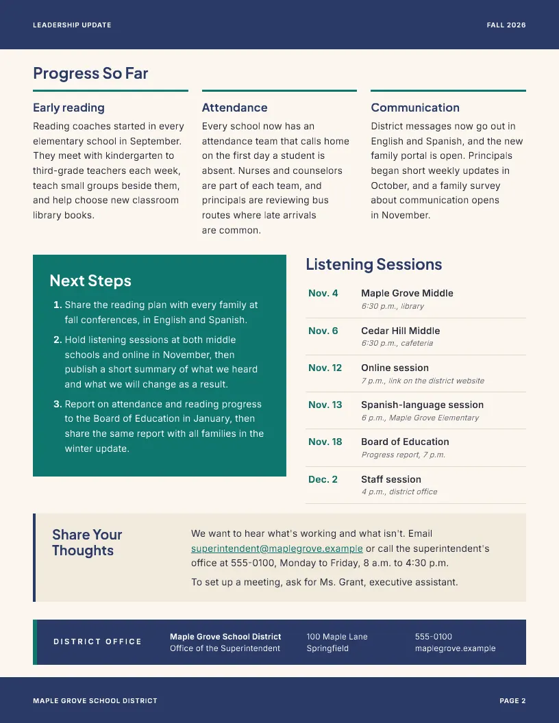 Leadership Update newsletter template, page 2