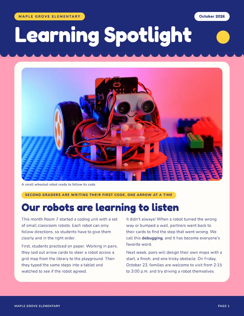 Learning Spotlight newsletter template, first page