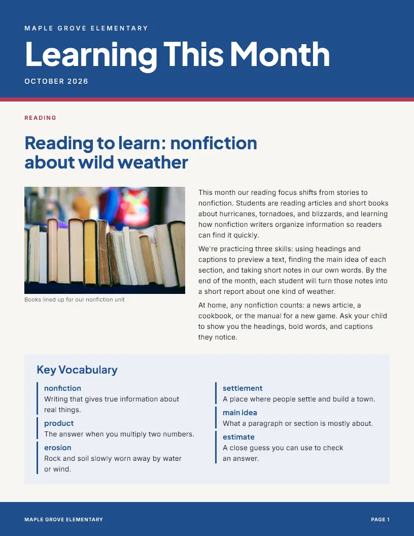 Learning This Month newsletter template, first page