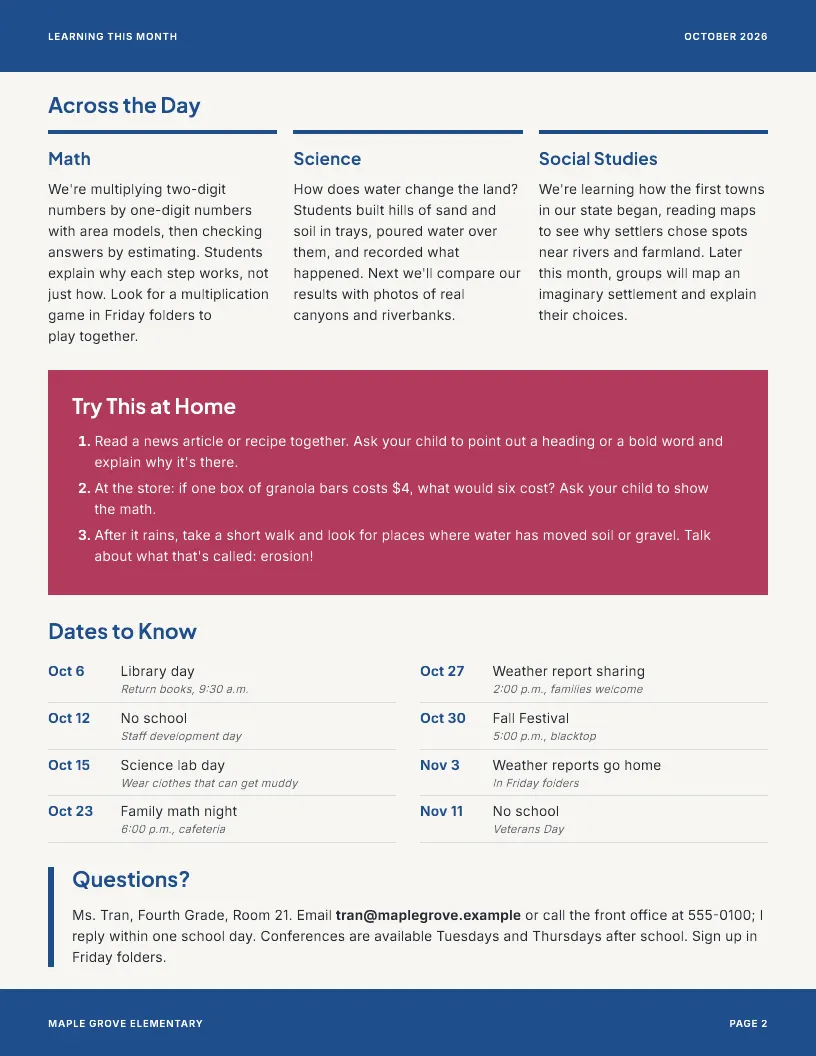 Learning This Month newsletter template, page 2