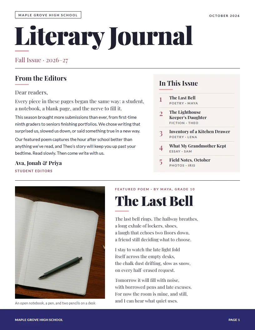 Literary Journal newsletter template, first page