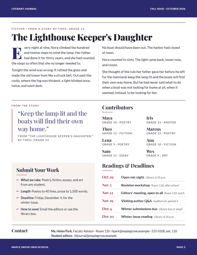 Literary Journal newsletter template, page 2