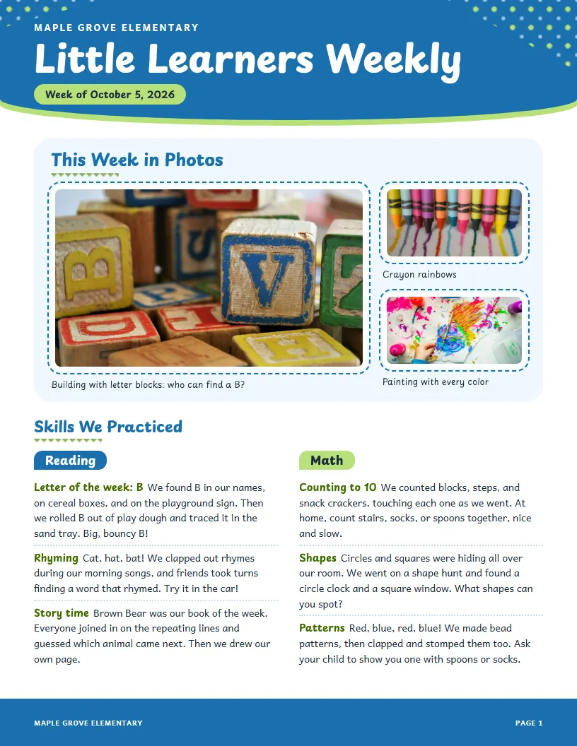 Little Learners Weekly newsletter template, first page
