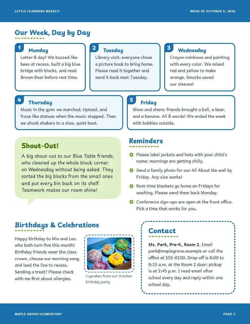 Little Learners Weekly newsletter template, page 2