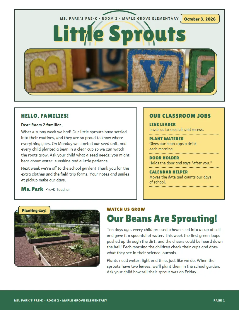 Little Sprouts newsletter template, first page