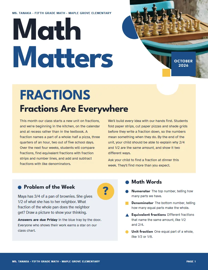 Math Matters newsletter template, first page