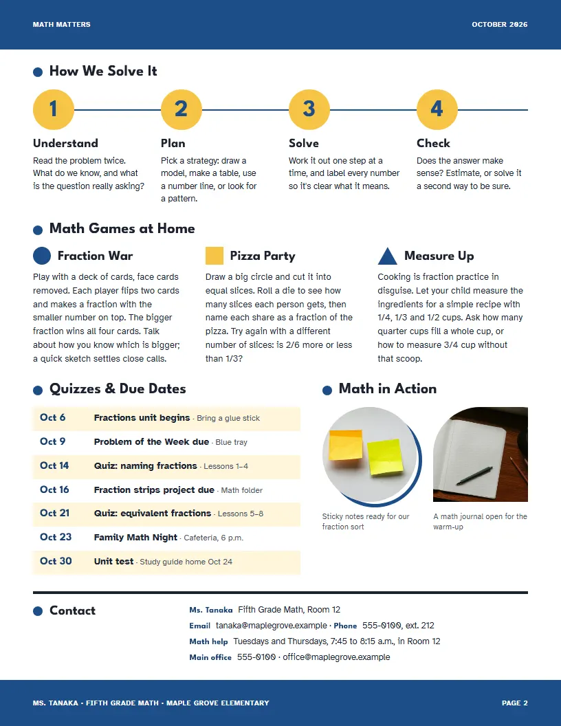 Math Matters newsletter template, page 2