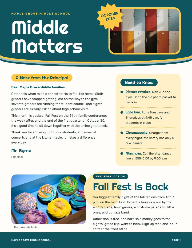 Middle Matters newsletter template, first page