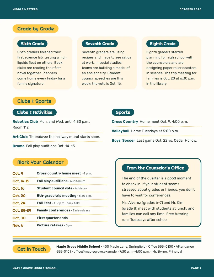 Middle Matters newsletter template, page 2