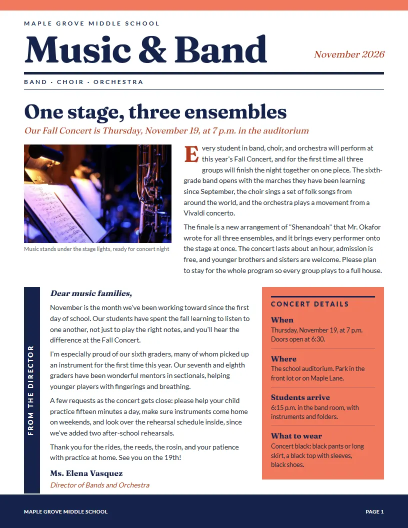 Music & Band newsletter template, first page