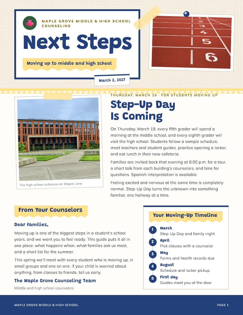 Next Steps newsletter template, first page