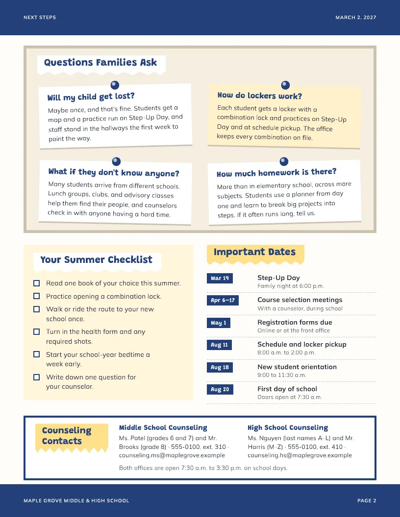 Next Steps newsletter template, page 2