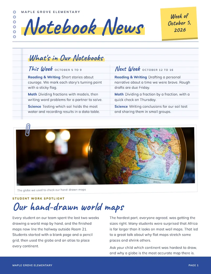 Notebook News newsletter template, first page