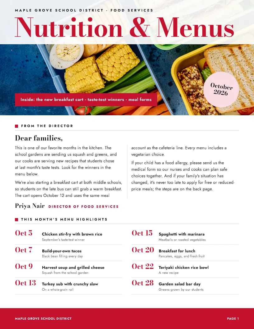 Nutrition & Menus newsletter template, first page