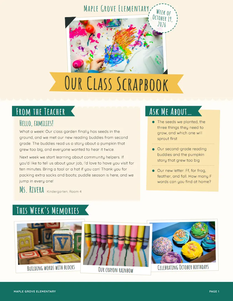 Our Class Scrapbook newsletter template, first page