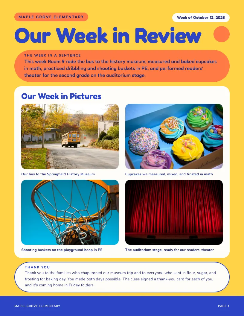 Our Week in Review newsletter template, first page