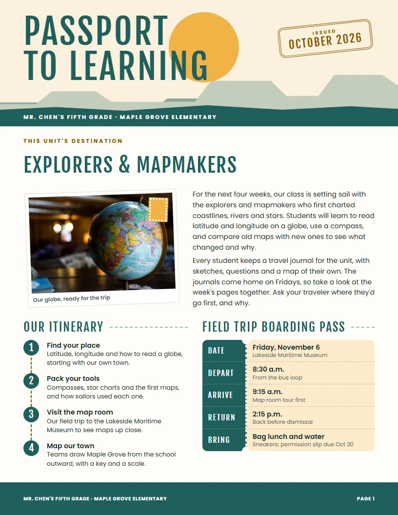 Passport to Learning newsletter template, first page