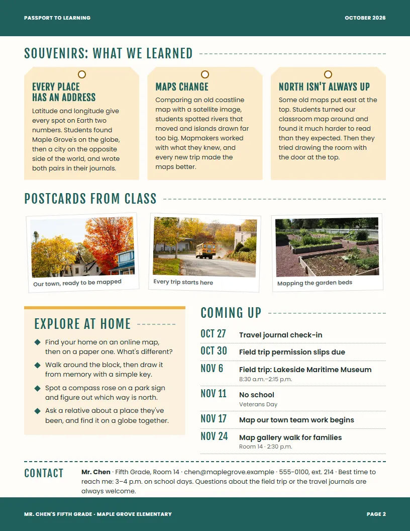 Passport to Learning newsletter template, page 2