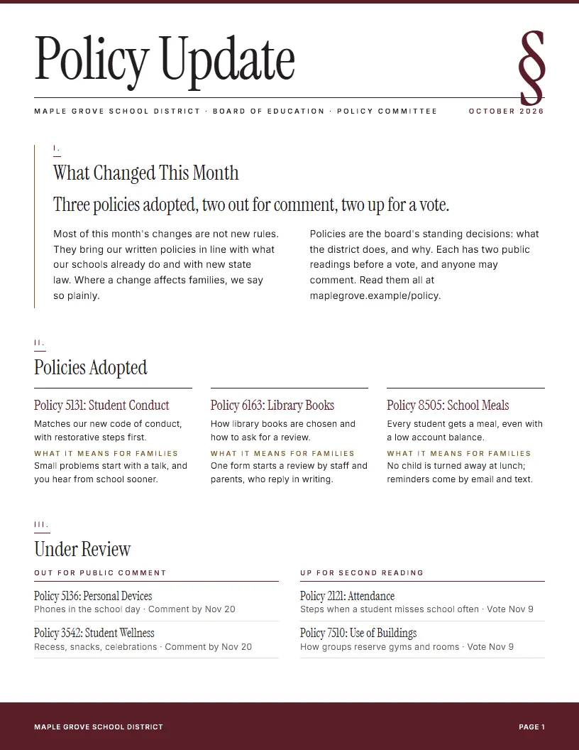 Policy Update newsletter template, first page