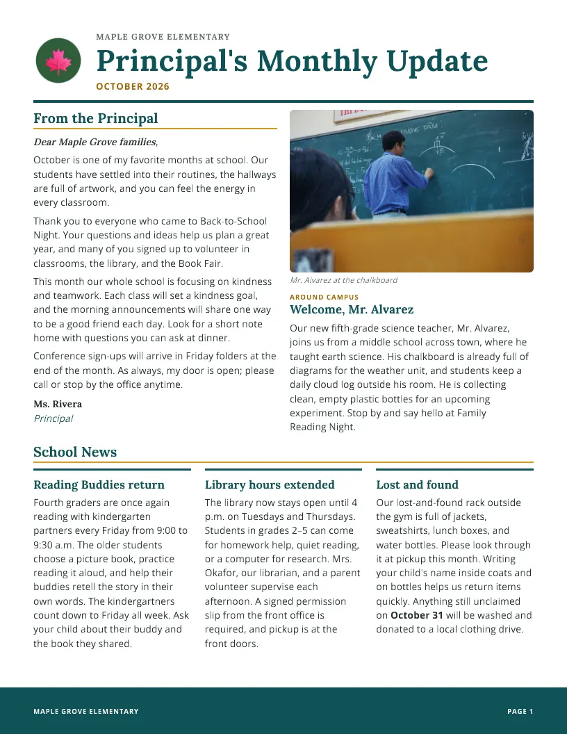 Principal Monthly Update newsletter template, first page
